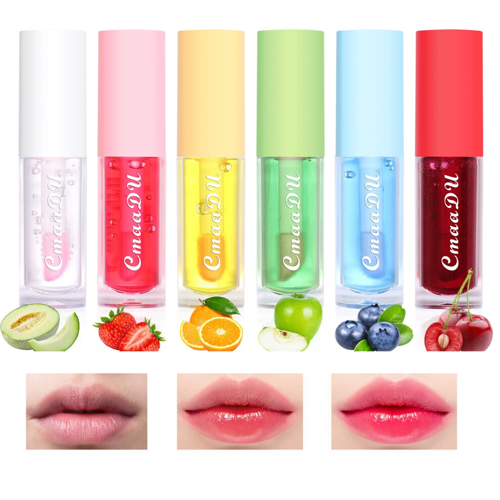 6 Packs Hydrating Lip Glow Oil Set with Fruity Flavors, Color Changing Gloss for Dry Chapped Lips