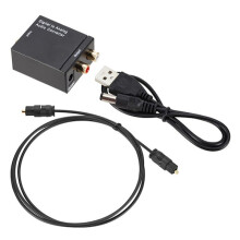 USB DAC-versterker, digitaal-naar-analoog-omzetter (RCA R/L) en decodering met optische USB-aansluiting.
