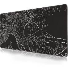 Zwart-witte Japanse muismat 31,5 x 15,7 inch, groot golvend zeemotief, antislip rubberen onderkant, gestikte randen, volledige bureaubescherming XXL