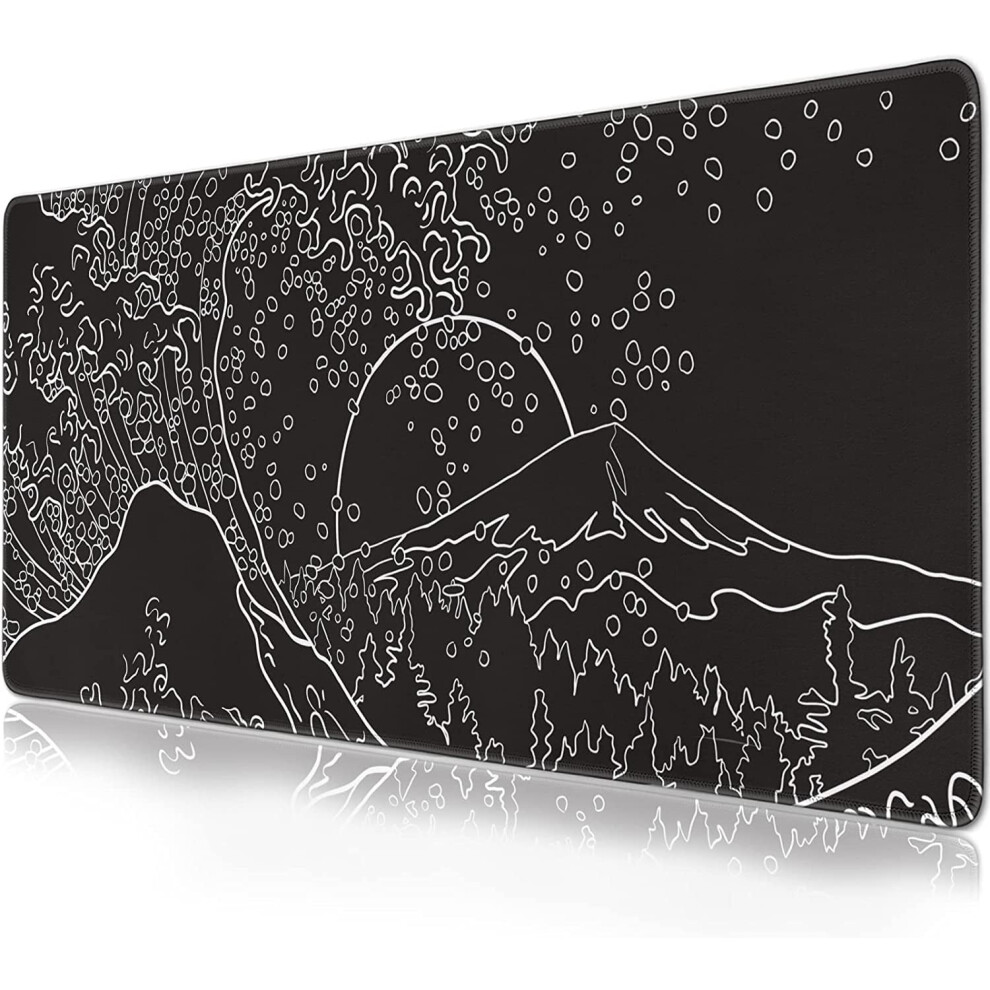 Japanese Mouse Pad 31.5X15.7 In, Large Waves Sea Design, Non-Slip Rubber Base, Stitched Edges, Full Desk Protector Xxl Black/White 9423501360380