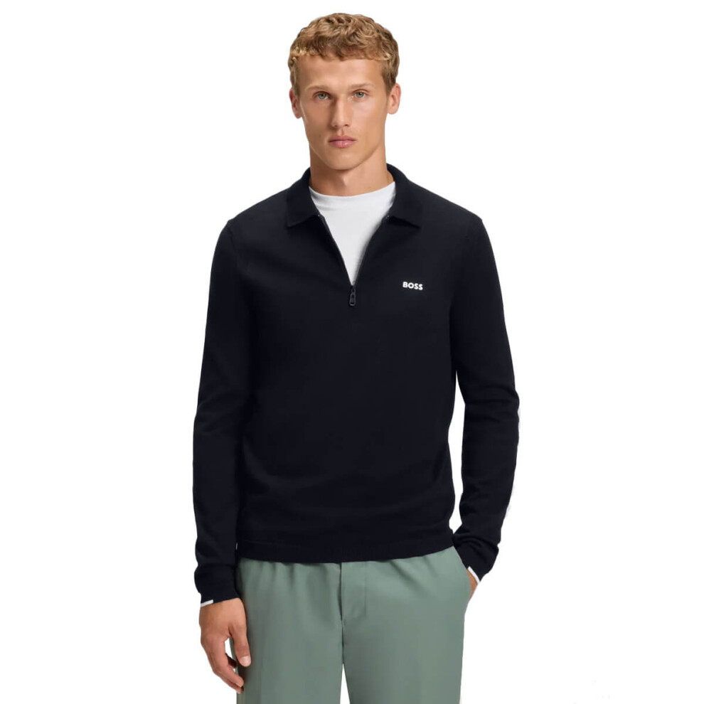 Hugo Boss (M, Dark ) Mens 2026 Ever-X 1/4 Zip Soft Cotton Perforated Golf Sweater Blue
