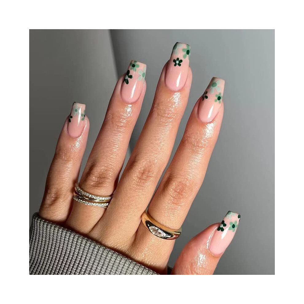 24pcs Coffin Fake Nails with Glue, Reusable Flower Design Press On Nail Tips Set