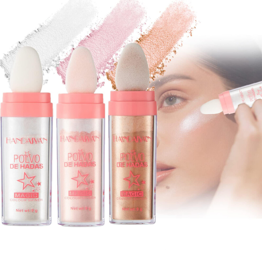 Body Glitter Highlighter Powder Fairy Stick with Sponge Puff Head, Tricolor Shimmer for Face Body Hair