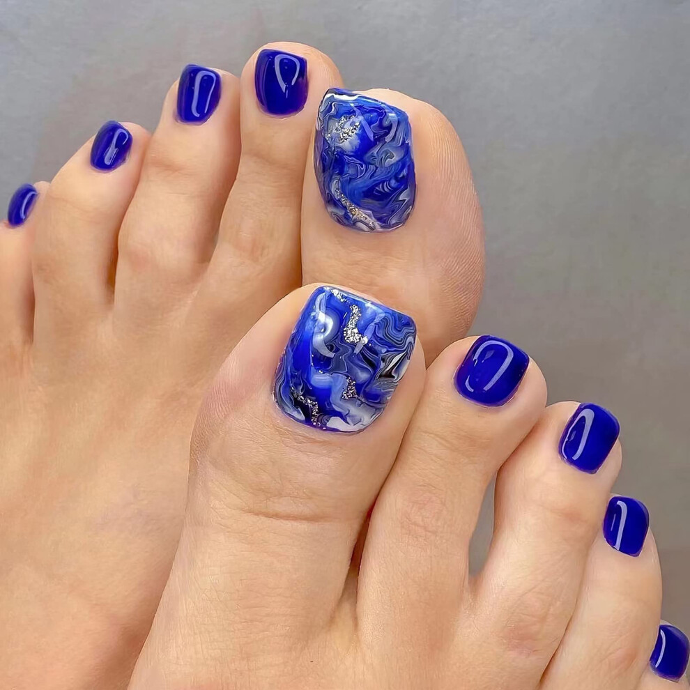 Blue Press On Toenails Abstract Acrylic False Toenails 24Pcs French Tips Set 12 Sizes Reusable