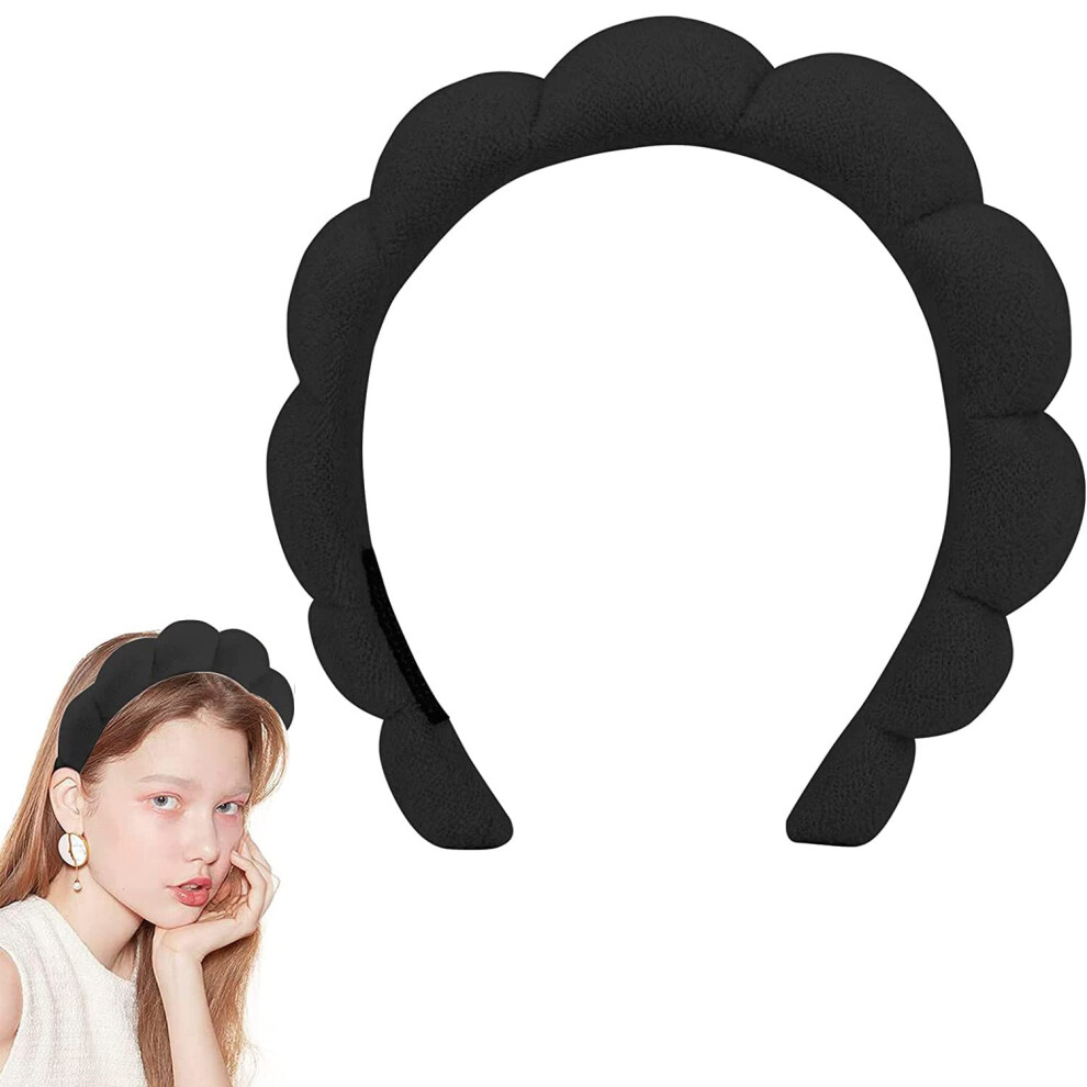 Black Spa Headband With Puffy Sponge Core For Skincare And Makeup, Soft Non Slip Terry Fabric,