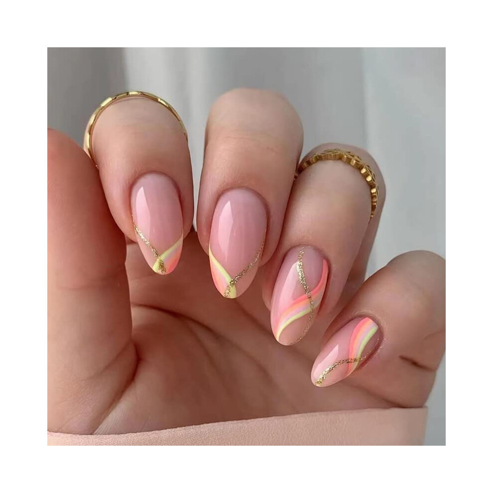 French Tip Medium Almond Press On Nails 24Piece Set with Swirl Acrylic Design
