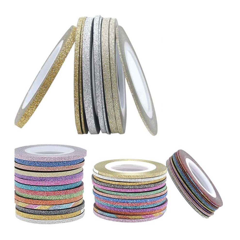 Gold Press On Nails With Silver Glitter Stripping Tape Stickers For Full Coverage Nail Tips