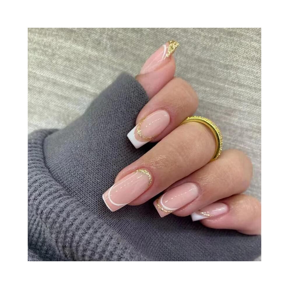 Gold Short French Press On Nails Acrylic False Nails 24Pcs Reusable Ballerina Shape Manicure