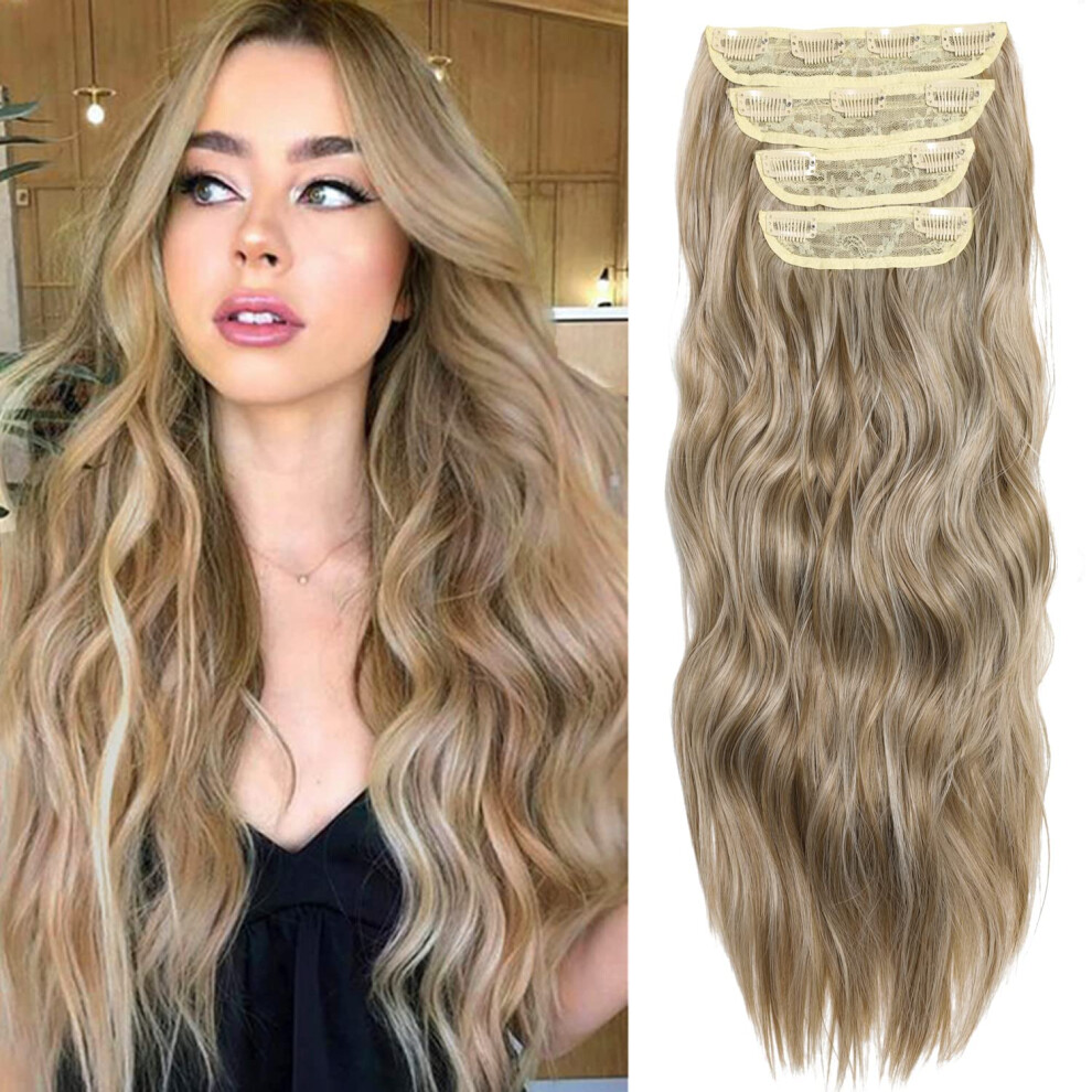Unisex Long Wavy Clip In Hair Extensions 20 Inch Balayage Blonde Synthetic Fiber Thick Hairpieces For Women