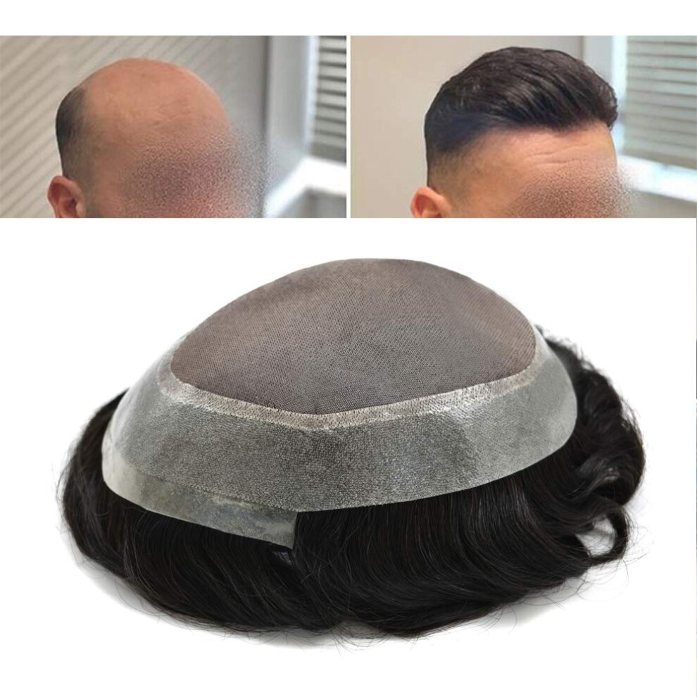Unisex Black Men's Toupee Natural Remy Human Hair Mono Base Poly Skin Hairpiece With Natural Hairline
