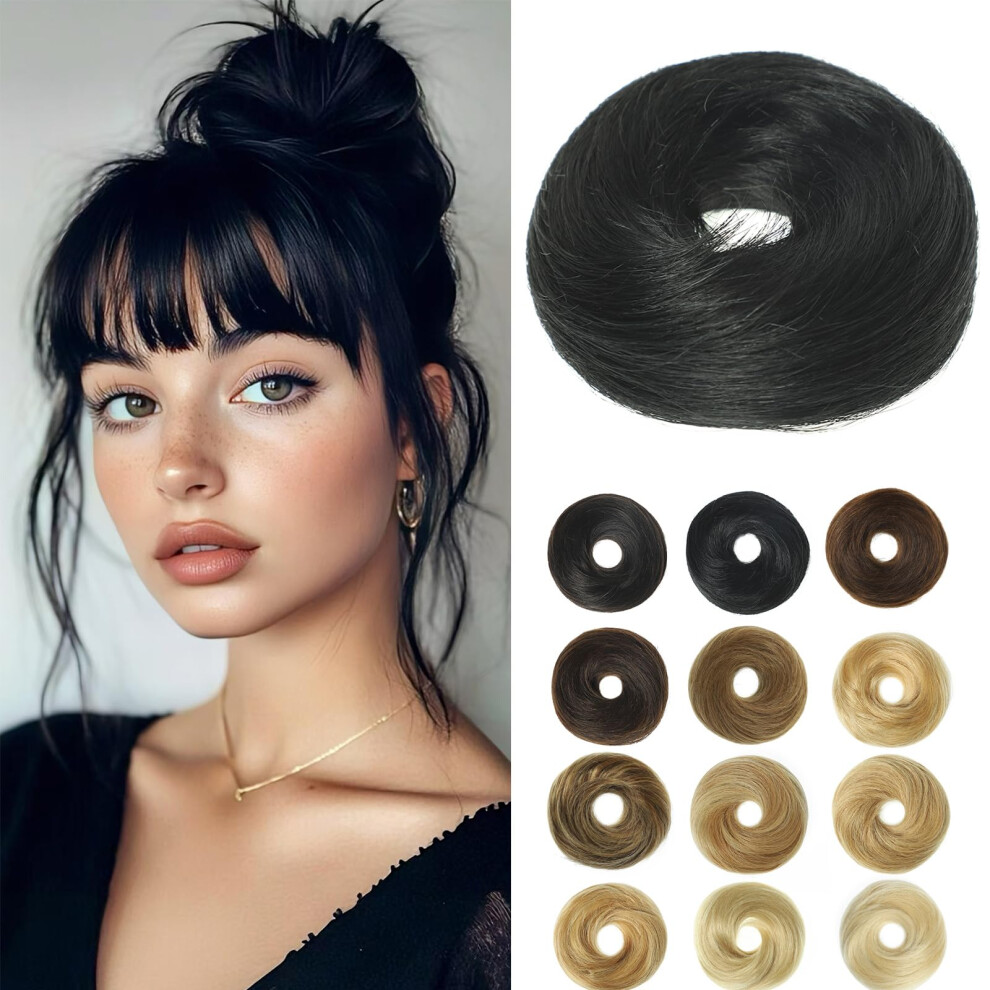 Messy Bun Hair Piece Human Hair Wavy Extension with Elastic Band for Women Jet Black 1 Count