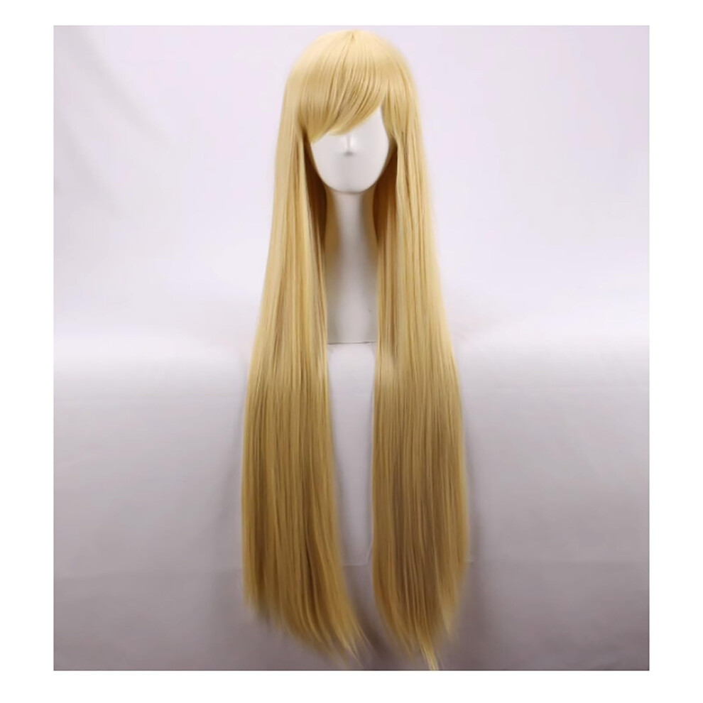 Unisex Gold Long Straight Wig With Bangs, Natural Hairline, Heat Resistant Synthetic Fiber For Women