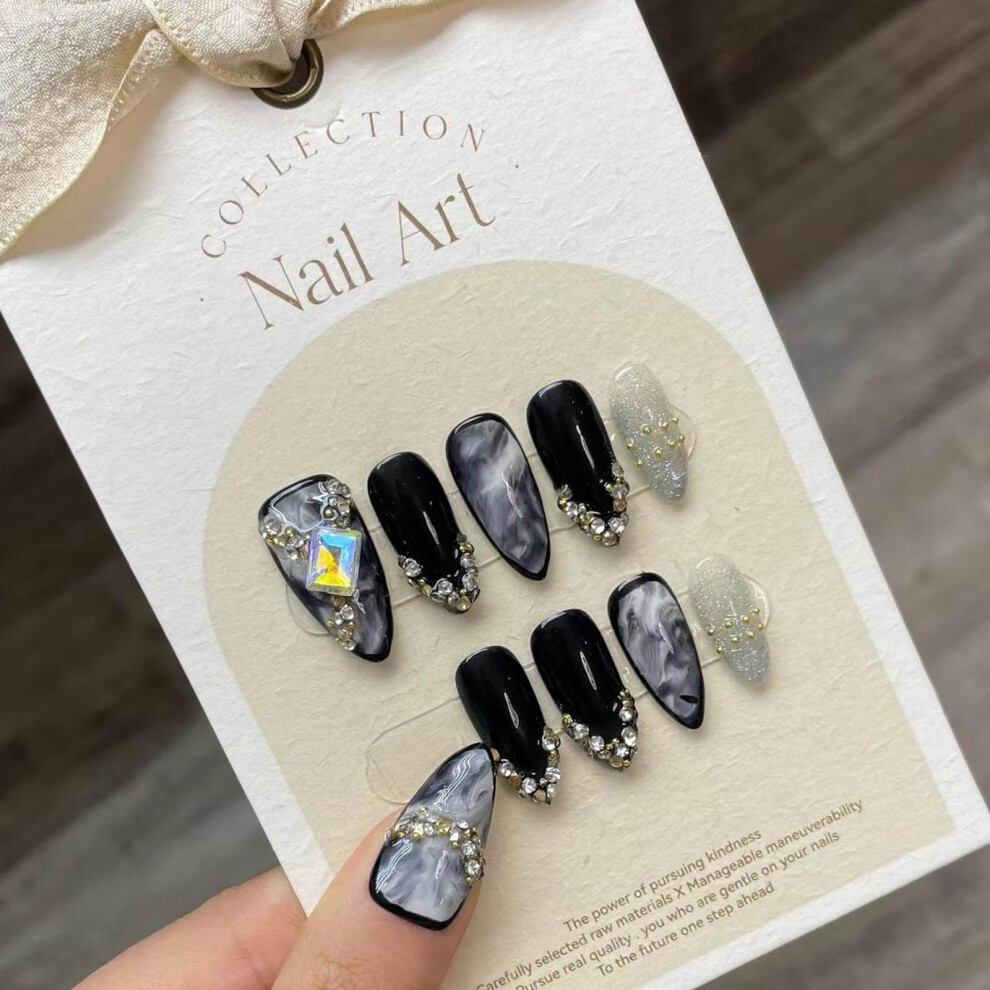 White,Black Black White Marble Press On Nails With Rhinestones, Handmade Gel Coffin Fake Nails For Women