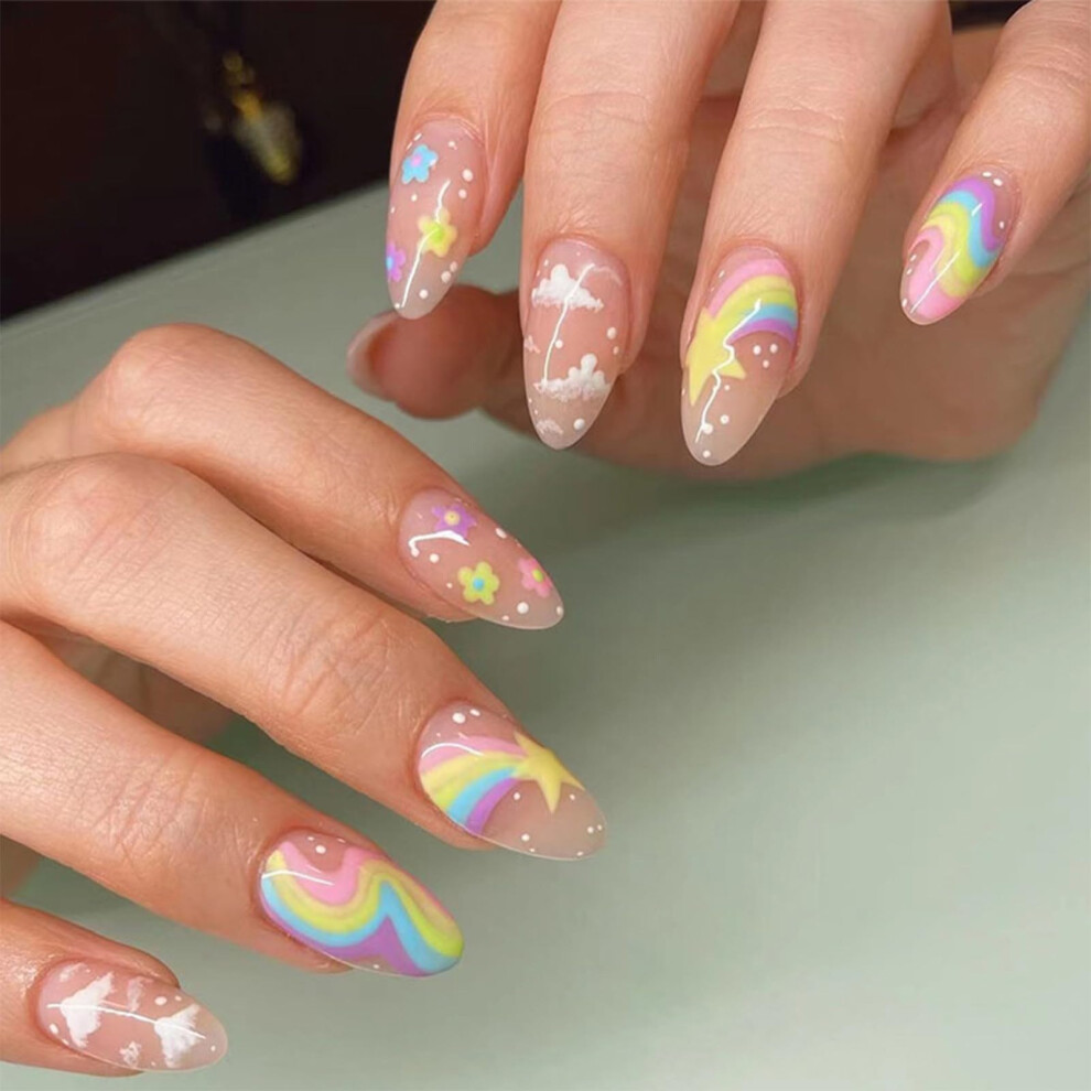24pcs Short Oval Press on Nails Rainbow Star False Nails Glue on Set for Women Girls