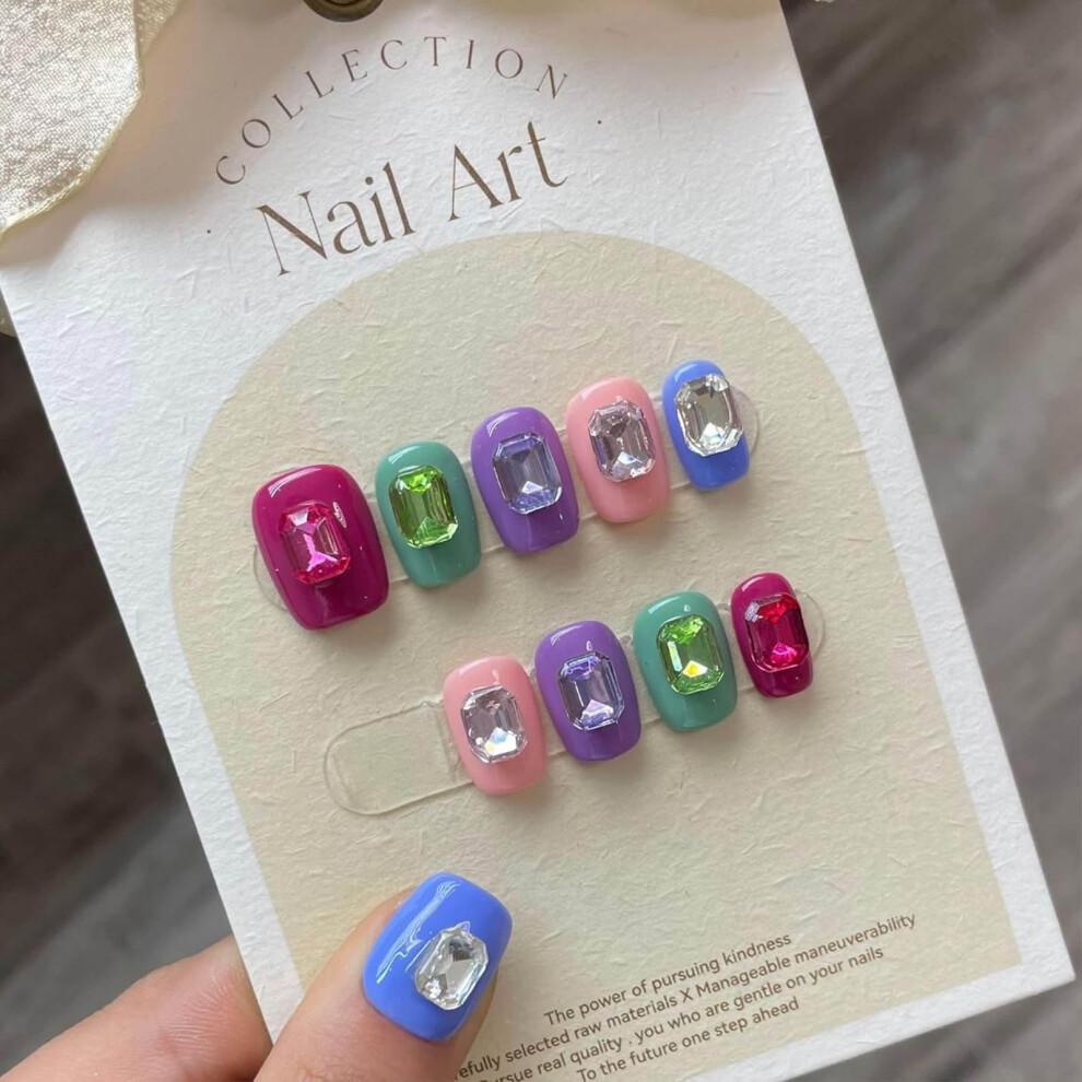 Handmade Gel Press On Nails Colored Square Coffin Fake Nails with Glossy Finish for Women