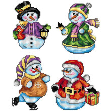 Counted Cross-Stitch Kit on Plastic Canvas with Snowmen. 4 Christmas Ornaments Different Dimensions 129CS. Wonderful for Embroidery & Craft Amateurs