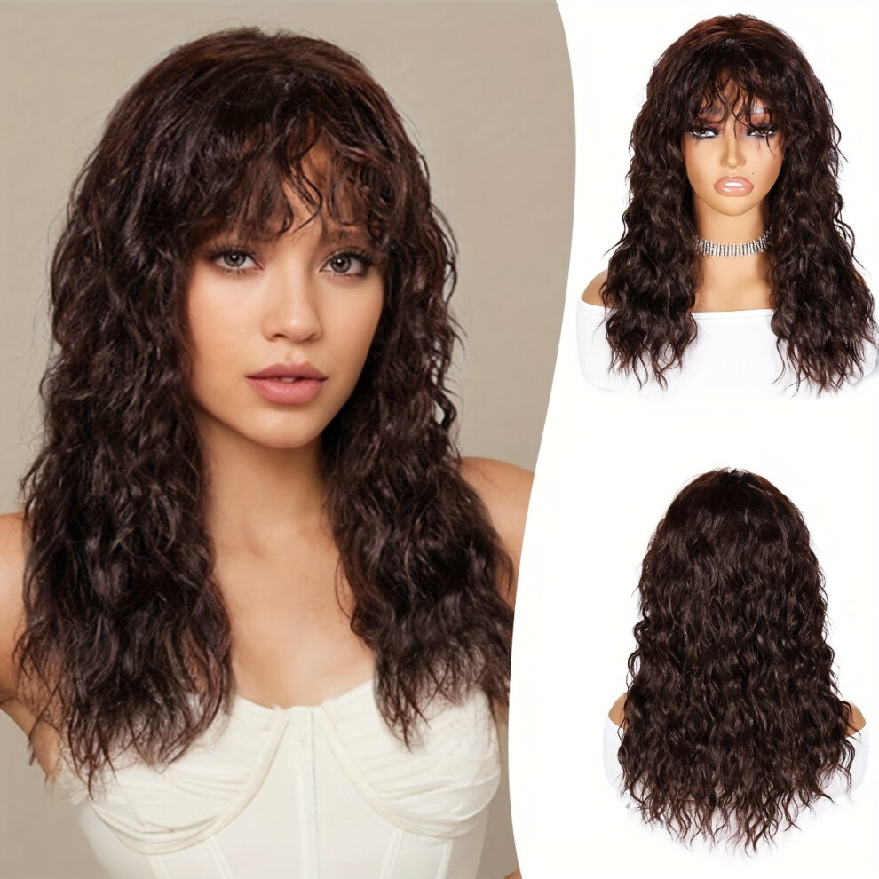 18 Inch Long Curly Wavy Hair Wigs With Bangs Synthetic Fiber None Lace Wavy Wigs For Women