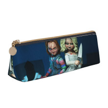 Bride Of Chucky Triangle Pen Pouch, Black Leather Pencil Holder, Portable Zipper Case for Pens, Markers, Makeup, Coins - White