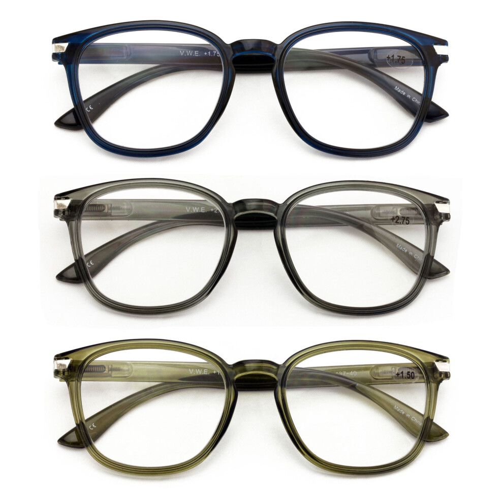3 Pairs Round Lightweight Reading Glasses - Translucent Clear Spring Hing Reades Men Women 7019 +2.75