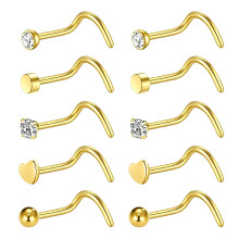 Nose Studs for Sensitive Skin, Hypoallergenic Stainless Steel L Shaped Nose Rings with CZ Gem Top, S Shape Design Nose Piercing Jewelry for Women and