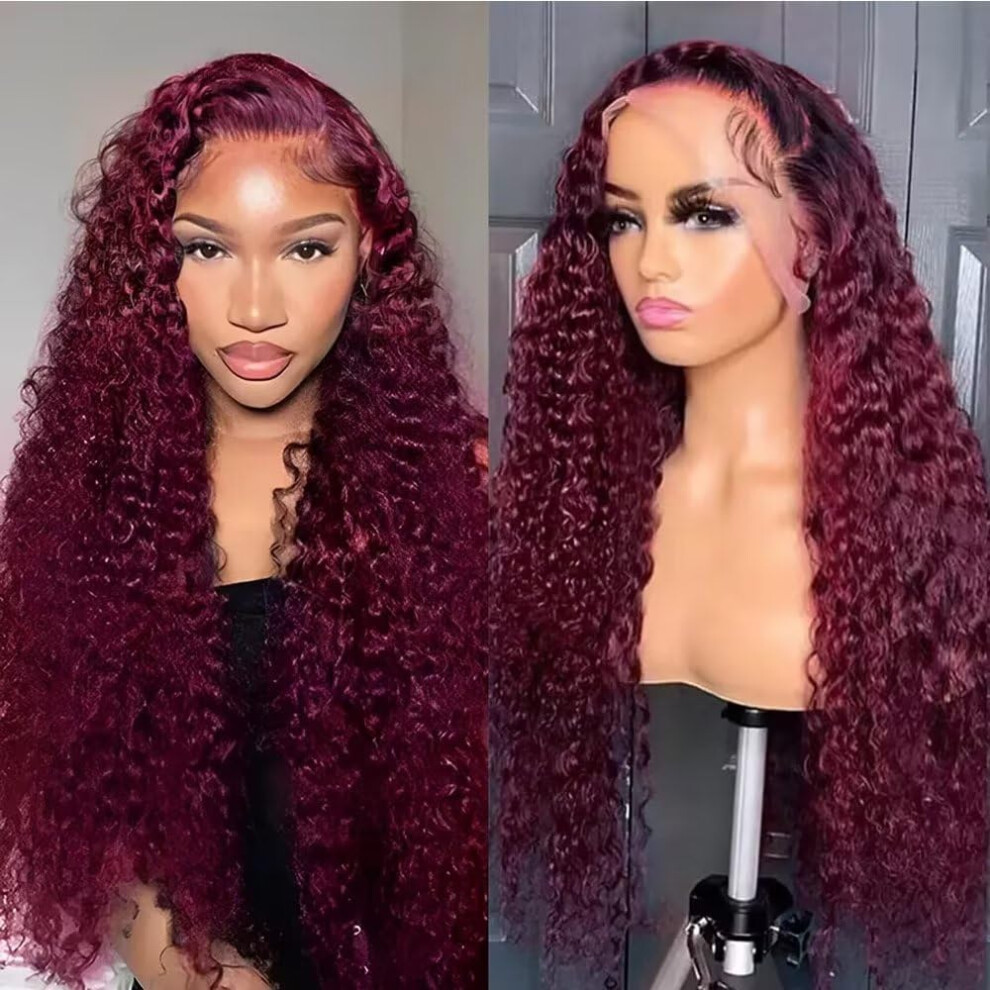 Unisex Red 99J Burgundy Deep Wave Hd Lace Front Wig 150% Density Virgin Brazilian Hair Glueless 16Inch