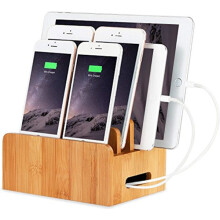 Supporto multi-dispositivo in legno di bambù per scrivania, stazione di ricarica e dock compatibile con iPhone 14, 13, 12, 11 Pro Max, XS e iPad
