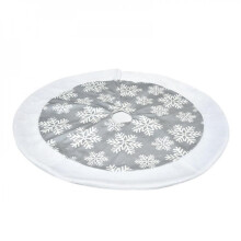 Hübsche, bequeme Weihnachtsbaumschürze 2020, 100 cm, grau-weiß, mit weißem Rand und Schneeflockenmuster.