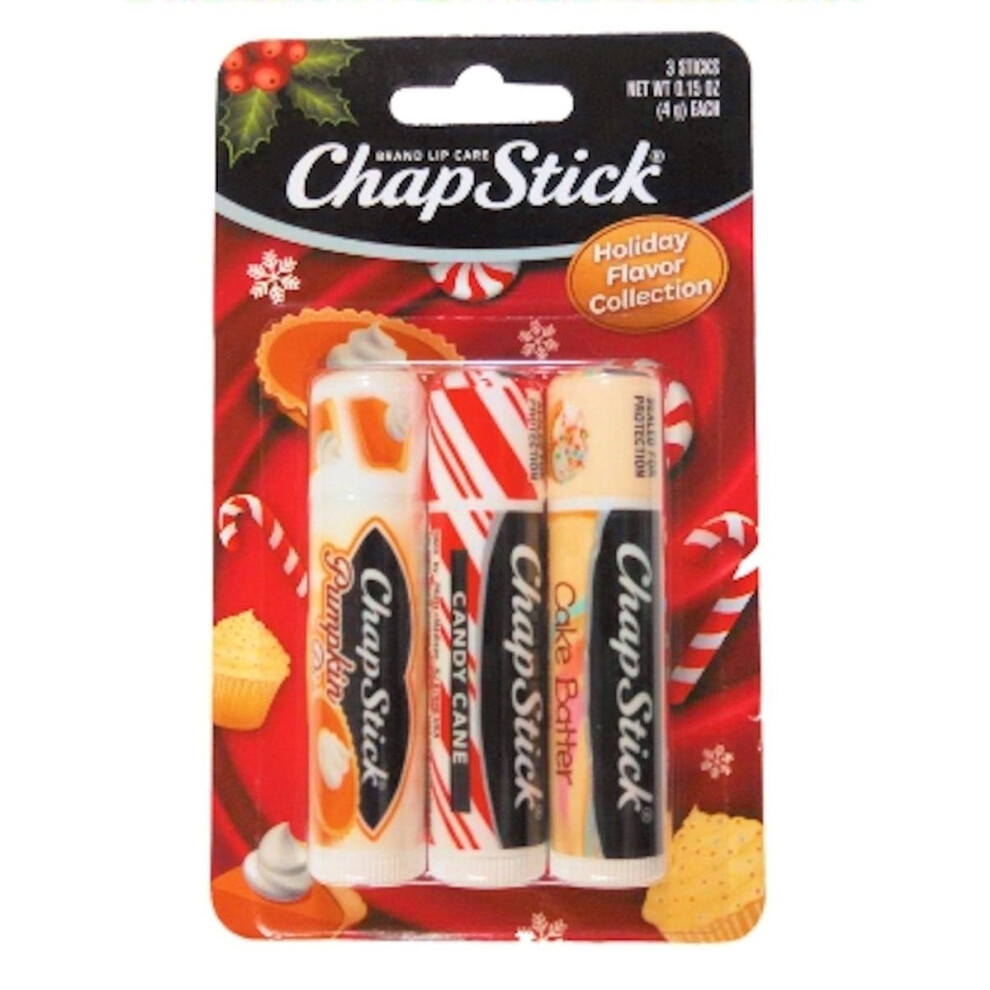 ChapStick Lip Care Holiday Flavor Collection Lip Balm, 0.15 oz Each, Pumpkin, Candy Cane, Cake Batter Flavors, 3 ct