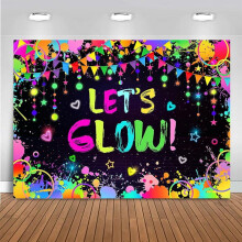 Neonvaloilla hohtava "Let's Glow" -juhlakoristeet – pimeässä hohtava taustabanneri, 2,1 x 1,5 m, syntymäpäiville ja valokuvaukseen (kuvassa, ei