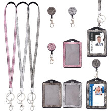 stuks, 3 kleuren, rechthoekige badgehouder met glitters, leren badgehouder met clip, kaarthouder met metalen krokodilklemmen, ID-kaartkoordjes,