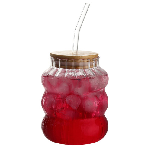 Seewan Ποτήρια από γυαλί με ραβδώσεις Seewan 18,6oz με καπάκια και καλαμάκια από μπαμπού, 1