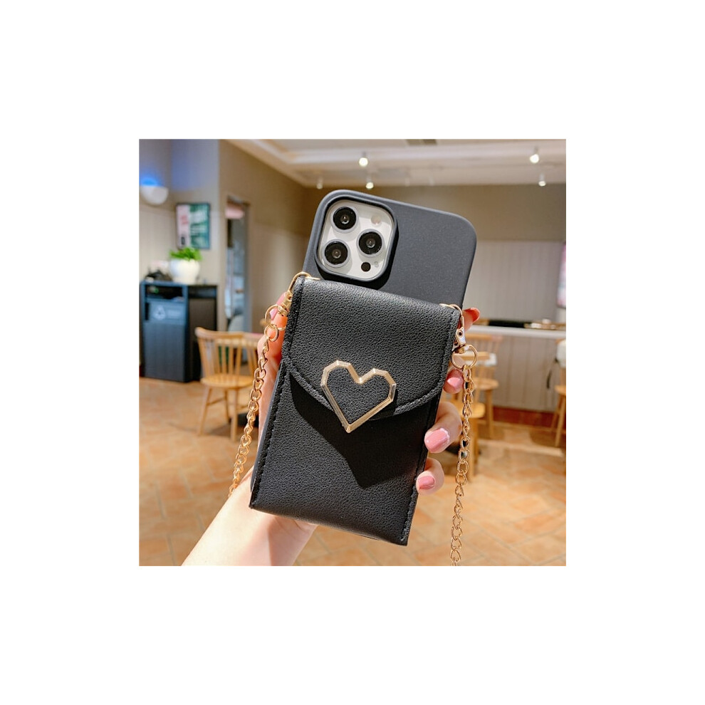 Case For Compatible With Iphone 13 Heart Wallet Metal Chain Strap Heart Wallet With Card Holder Leather Textured Card Holder Crossbody Soft Black 9004841002675