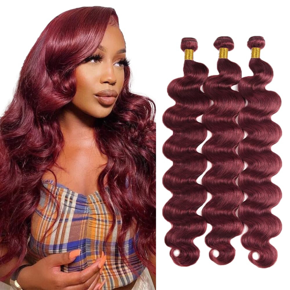 Unisex Red 99J Burgundy Brazilian Body Wave Human Hair Bundles 20Inch Natural Remy Double Weft