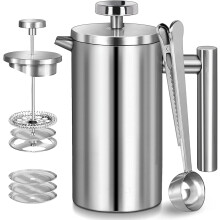 Stainless Steel French Press 12oz, Double Wall Insulated for Coffee & Tea, Includes 3 Screens + Spoon, Silver