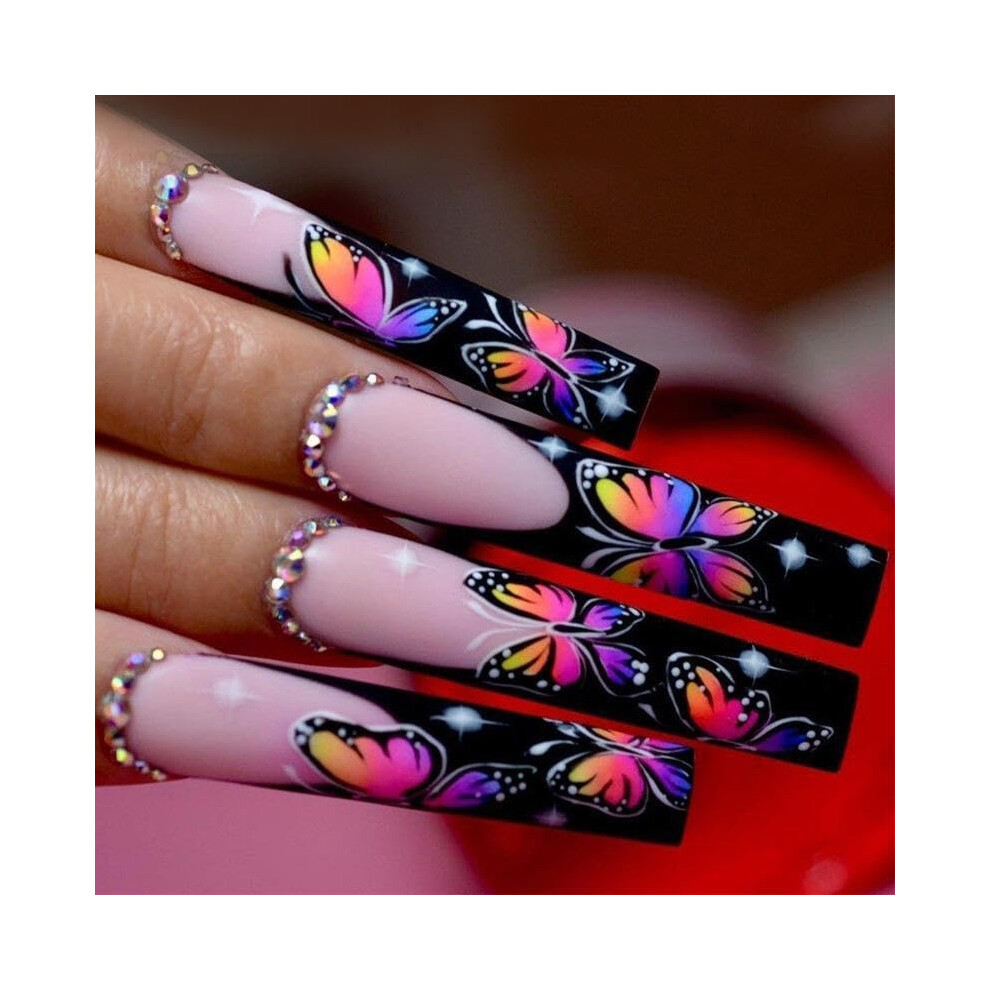 Colorful Glitter Butterfly Press On Nails Set, Reusable Long Coffin French Acrylic False Nails