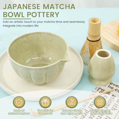 Σετ 4 τεμαχίων χτυπητηρίων Matcha με κεραμικό μπολ, χτυπητήρι και κουτάλα από 1