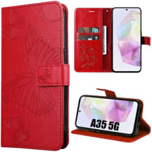 Étui de protection rouge à motif papillon, compatible avec Samsung Galaxy A35 5G, résistant aux chocs.