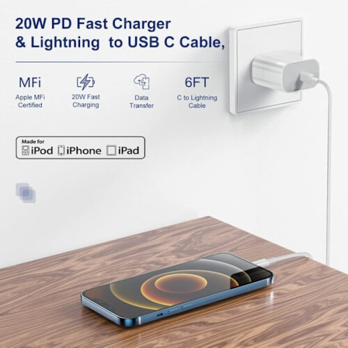 3-delige 20W snellader, compatibel met iPhone - Adapter + kabel - Wit 1