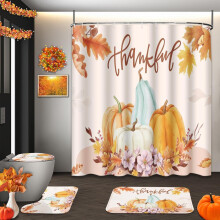 Halloweenská sada sprchových závěsů s kostrou (4 ks) s krytem na toaletu a protiskluzovými koberečky, podzimní oranžový design lebky,