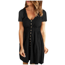 OAVQHLG3B Jurk met knoopjes, effen kleur, V-hals, korte mouwen, losse mini-zomerjurk, strandjurk 2022 Vestidos Vestir