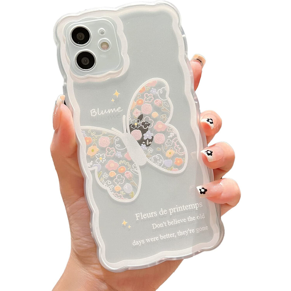 Cute Cartoon Floral Butterfly Iphone 12 Case, Aesthetic Kawaii Design, Slim Soft Tpu Transparent Cover For Women/Girls - White 9191629677597