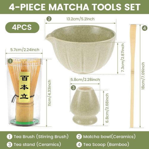 Σετ 4 τεμαχίων χτυπητηρίων Matcha με κεραμικό μπολ, χτυπητήρι και κουτάλα από 2