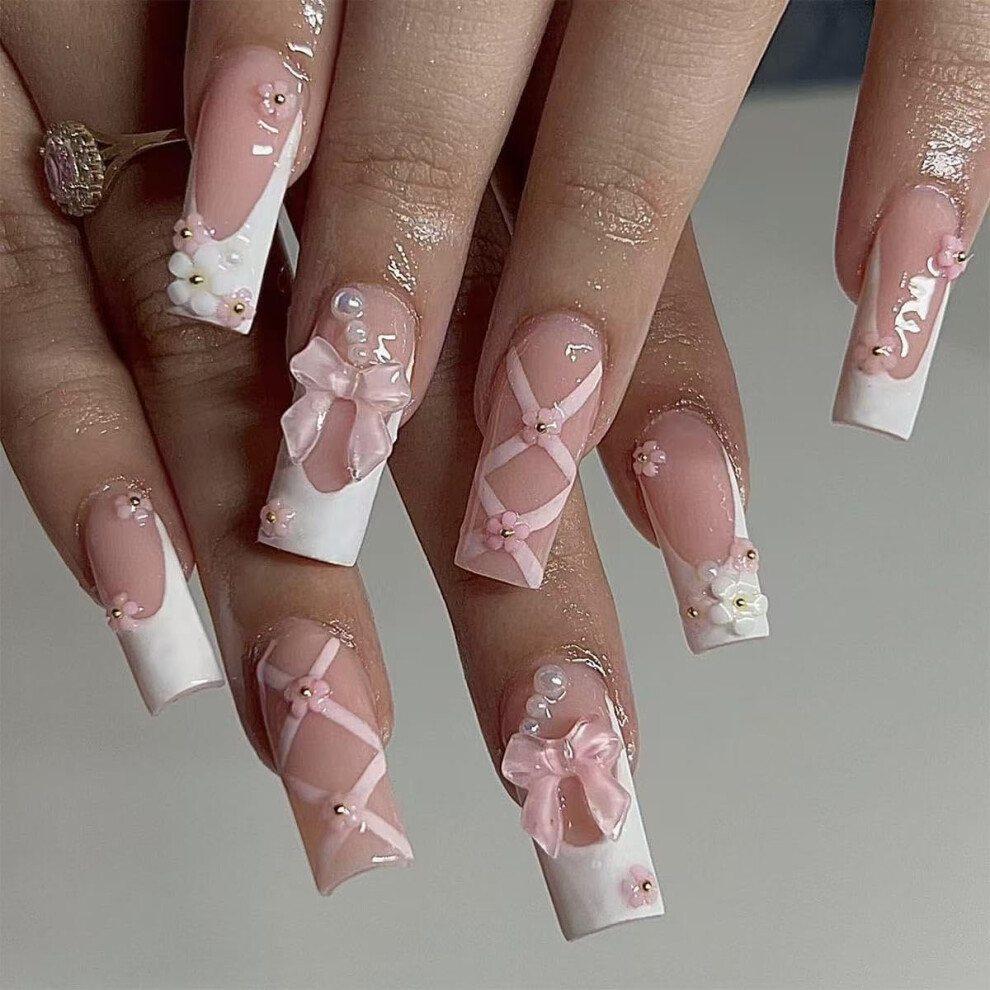 24pcs Long Coffin Press on Nails with Rhinestones and Charms Glossy Black French Style Fake Nails