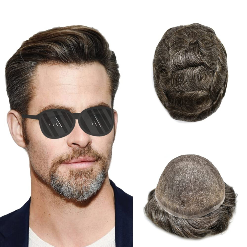 Unisex Brown,Grey Men's Lace Toupee Human Hair Hairpiece With Natural Hairline Swiss Lace 7X9 Dark Brown Grey