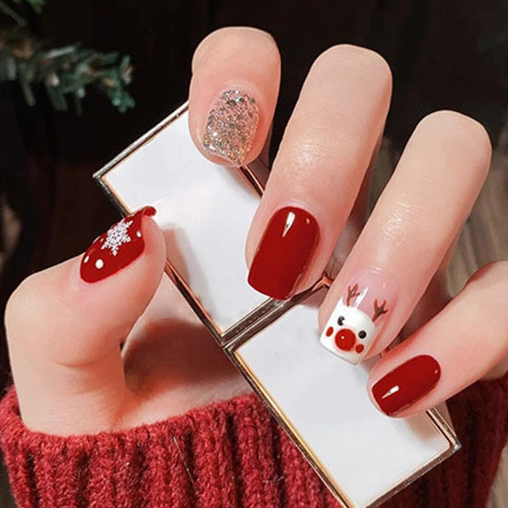 Christmas Press On Nails Short Gel Fake Nails Kit, Reusable Durable Design with Glue and Tabs