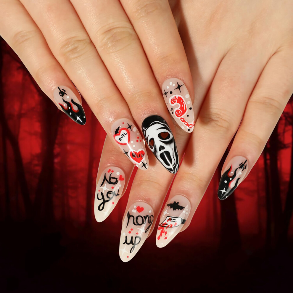 Halloween Press on Nails with Skull Design, Long Almond French Tip, 24pc Acrylic Fake Nails Set