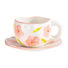 Ceramic Coffee Mug Set with Saucer and Spoon, Hand Painted Irregular Shape Flower Design, Ergonomic Grip