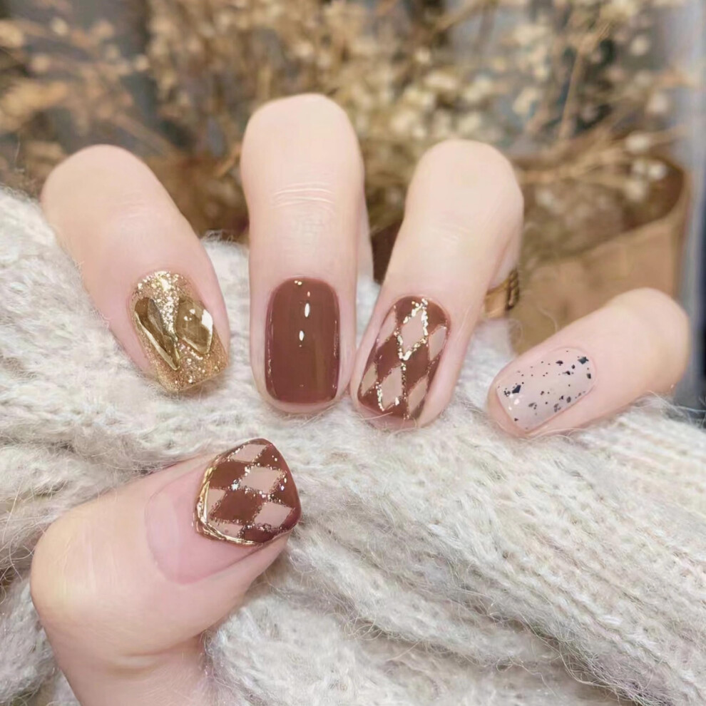 Short Brown Press On Nails with Glitter French Tips, Durable Fake Nails, 24pcs Acrylic Set