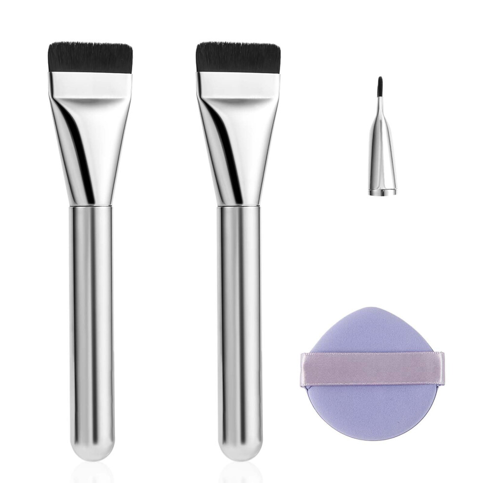 3pcs Flat Foundation Brush Set with Makeup Puff, Soft Fiber Bristles for Flawless Coverage