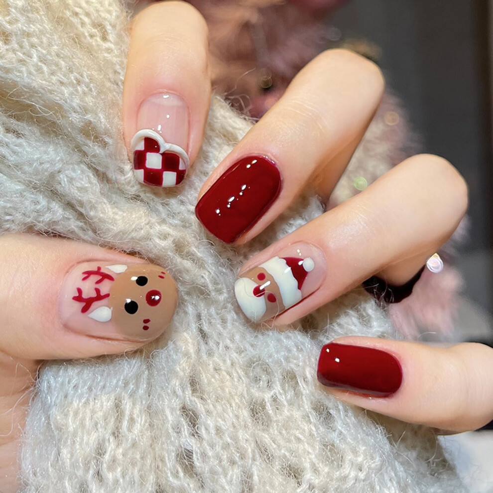 24Pcs Christmas Press On Nails Short Square Glossy Full Cover Fake Nails with Festive Elk Designs